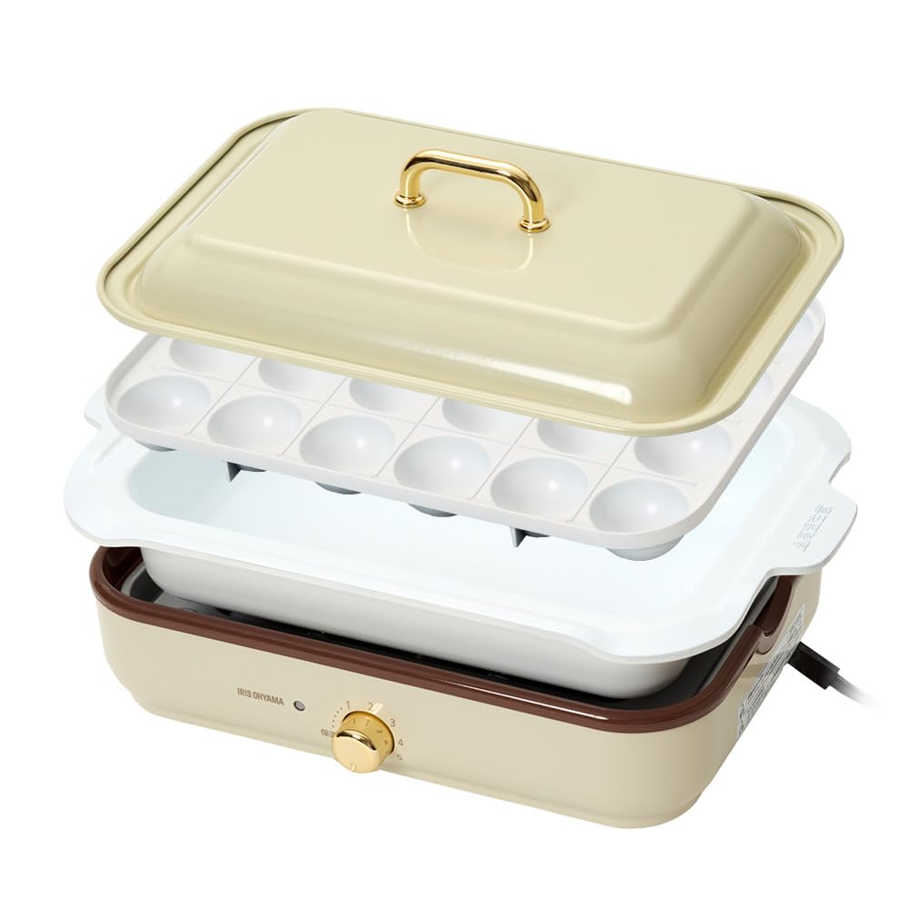アイリスオーヤマ ホットプレート コンパクト 着脱式 温度調節機能付き たこやき器 深鍋 プレート 2枚 1000W 簡単お手入れ サーモスタット機能 洗いやすい おしゃれ 保証付き PHP-1002TC-VC バニラクリーム商品画像