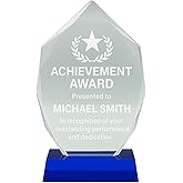 Custom Crystal Achievement Award Trophy blue accent base – Personalized Engraved Plaque with Text & Logo – Employee Recognition, Retirement, and Appreciation Gifts