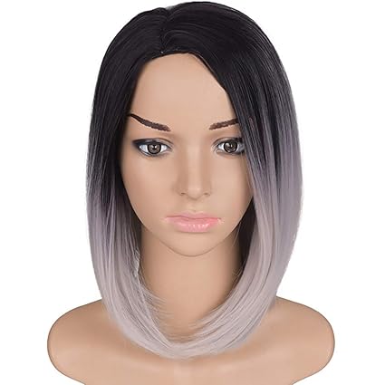 Amazon Com Wig Black Gradient Grandma Gray Short Hair Dyeing