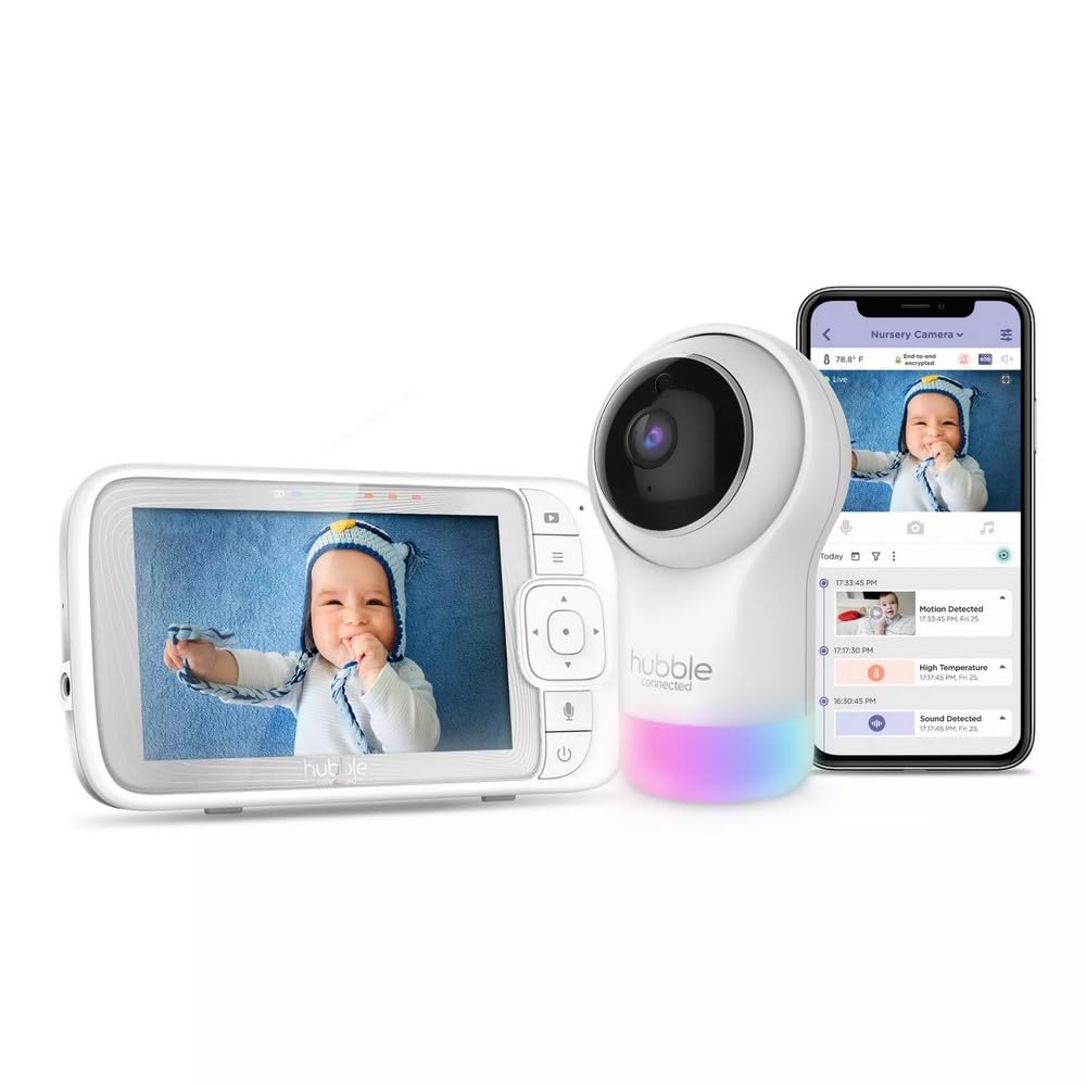 Hubble Nursery Pal Glow+ 5 Inch Video Baby Monitor with Night Light, Remote Pan, Tilt and Zoom, Room Temperature Sensor, Private and Secure Wi-Fi Connection - White