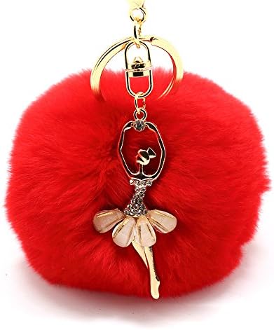COGEEK Little Angel Crystal Ballet Dancer Pendant Plush Rabbit Hair Ball Car Keychain Handbag (red)