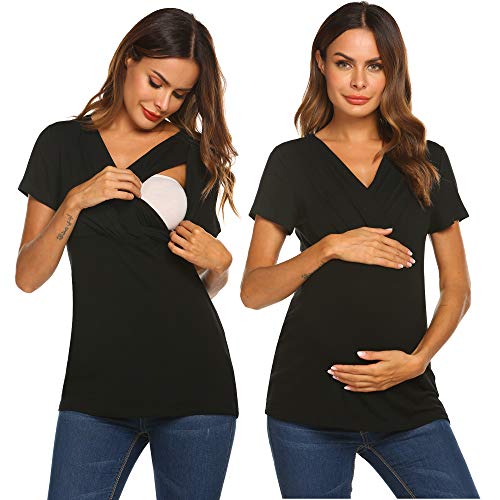 Wildtrest Women's Short Sleeve Babydoll Shirt Maternity Nursing Top Breastfeeding Layered Blouse Black XL