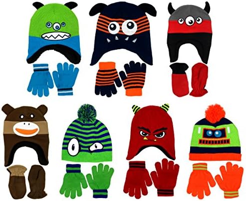Boy's Knit Hat & Gloves or Mittens Sets in Multiple Designs and Colors Boys Toddlers Infant (Fleece Monkey Face-Royal Blue/Navy Boys)