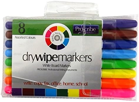 Proscribe 8 Assorted Colour Drywipe/White Board Marker Pens Fine Nib