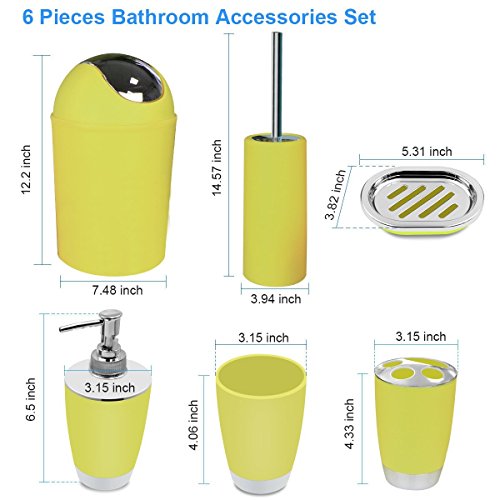 TEKITSFUN Yellow Bathroom Accessories Set,6 Pcs Plastic Gift Bath Accessory Set Luxury Ensemble Includes Toothbrush Holder,Toothbrush Cup,Soap Dispenser,Soap Dish,Toilet Brush Holder,Trash Can