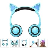Cat Ear Headphones with Glowing Lights for Kids, IPRO Wired Gaming Folding LED Anime Over Head Earphone with Flashing Ears for Computer, Tablet, Phones, MP3, MP4, etc - Blue