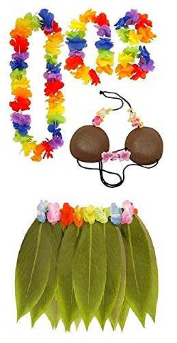 Mega_Jumble Hawaii Set for Women Tropical Summer Barbecue Party Set Floral Hula Leaf Skirt Coconut Bra Cuffs Headpiece and Slate Garland, 6-Piece Women's Fancy Dress