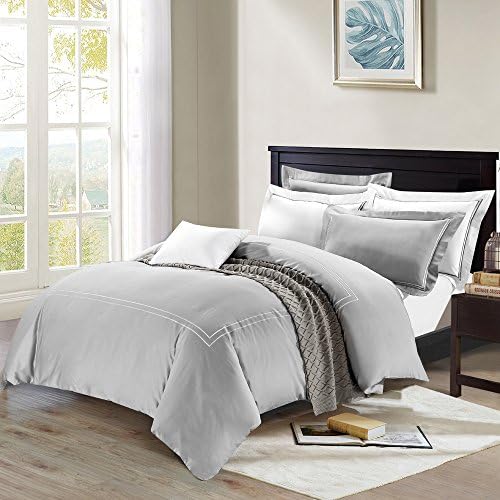 Deep Sleep Home 3pc Cotton Sateen 60s Duvet Cover Set, 2 Shams, 350 Thread Count, Silver Embroidered Design, Solid Grey Background, Double Full, Queen Size (King, Silver)