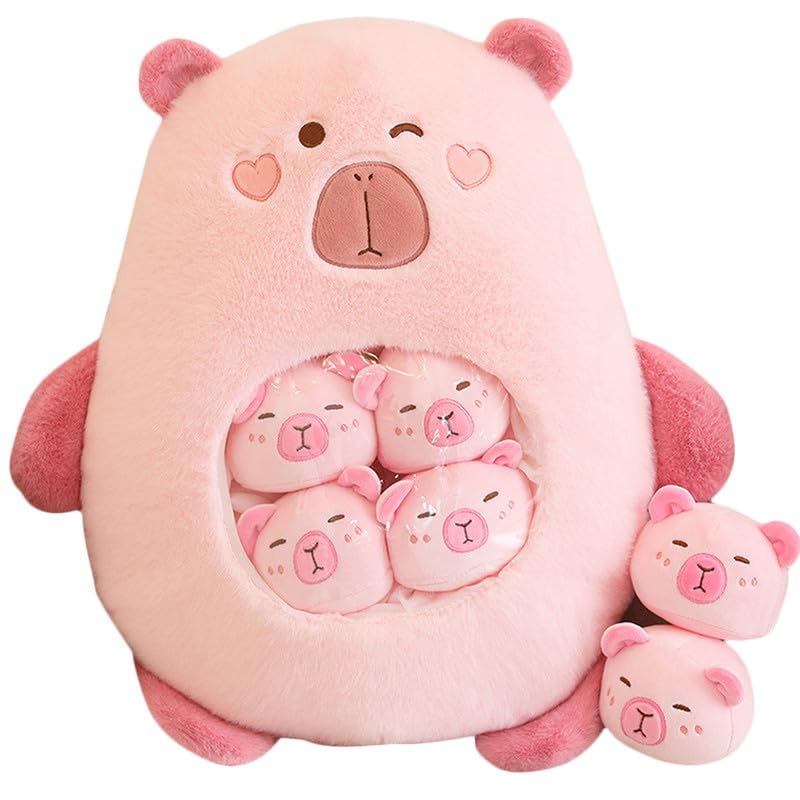 Capybara Stuffed Animal Kawaii Capybara Plush with 6 Cute Babies Bag of Capybara Plushies Pillow Stuffed Toys for Girls Boys Gifts,Pink
