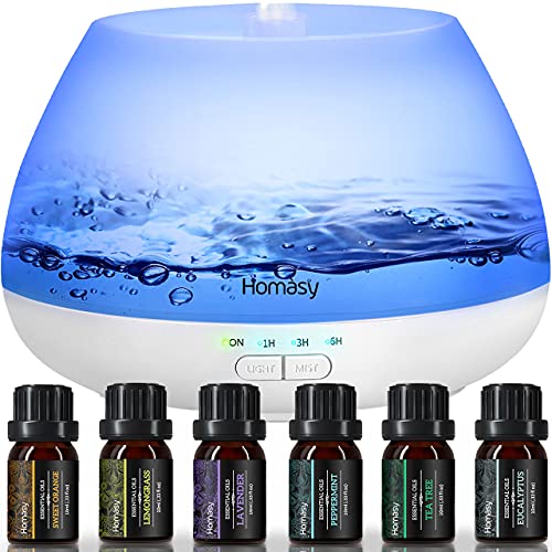 Homasy 500ml Diffuser with Essential Oils Set, 8 Color Lights and 23dB