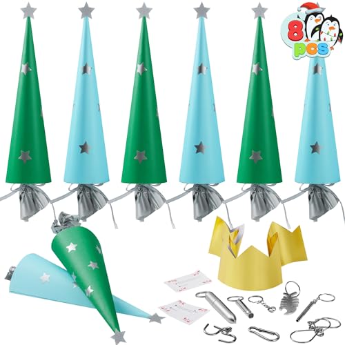 JOYIN 8 PCS Christmas Tree Shape No Snap Party Table Favors, Xmas Non Snap Party Supplies With Party Hat, Jokes & Silver Hanging Decorations for Kids Gift, Christmas Party Dinner and Holiday