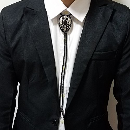 SELOVO Native American Black Stone Leaf Genuine Leather Bolo Tie Formal Accessory - Thumbnail 4