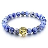 Long Way Natural Lava Rock Matte Agate Bracelet Lion Head Elastic Strand Bangle for Women and Men