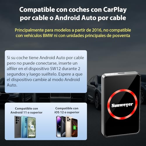 Sunweyer 2025 Wireless CarPlay Adapter for Android Auto Streaming Box SW12 Pro with Netflix, Youtube, Hulu, App Installation - AI Box, Dual WiFi, HDMI, LED Ambient Light (SW12 Pro)