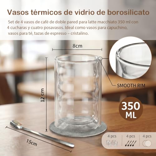 Juego de 4 Tazas de Café de Cristal 350ml – Vasos de Doble Pared de Vidrio Borosilicato con 4 Cucharillas y 4 Posavasos – Ideales para Café con Leche, Té, Latte, Macchiato y Espresso – Regalo para Pad