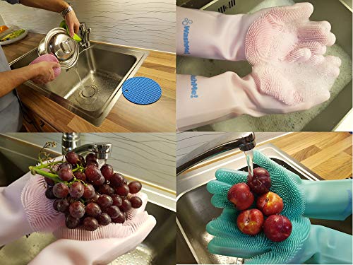 WashMe! Magic Silicone Gloves with Wash Scrubber, 1 Pair of Cleaning Gloves for Dishwashing, Pet Bathing, Bathroom & Car Cleaning, Reusable & Heat Resistant Dishwashing Gloves (13.8 inches, XL)
