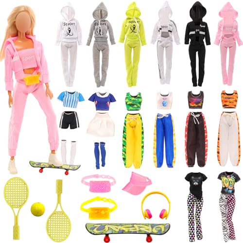 HONLAELLA 28 Pcs Doll Sport Suits and Accessories Including Hooded Sports Suit Casual Outfits Tops and Pants Tennis Suit Set and Tennis Racket Skate Accessories for 11.5 Inch Girl Dolls