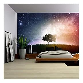 a Single Tree in a Field with Beautiful Space Background - Removable Wall Mural | Self-Adhesive Large Wallpaper - 66x96 inches