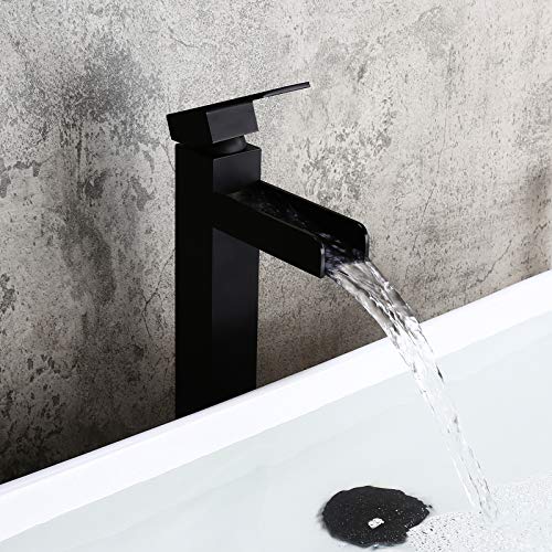 Homary Modern Solid Brass Matte Black Waterfall Bathroom Vessel Sink