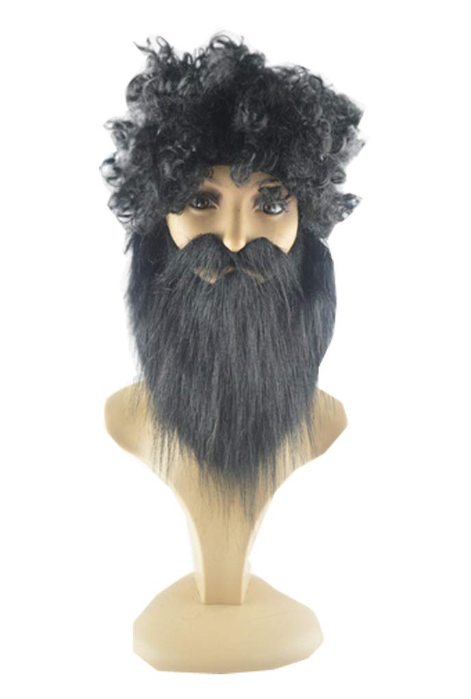 Artificial Beard And Curly Wig Set Grey Halloween Fake Hair Mustache Mask Halloween Christmas Parties Masquerrade Pirate Primitive Man Cosplay Costume Dressing Up Accessories for Drama Stage Show