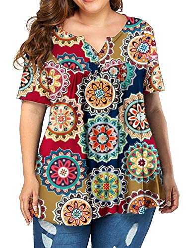 Women's Plus Size Tops Floral Print Henley Shirt Buttons Up Blouses Tunic F 14W