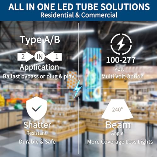 JESLED T8 LED Tube Lights 4FT, 14W 2450LM 6500K, Single or Double End Powered, Plug and Play or Ballast Bypass, Type A+B 4 Foot T10 T12 Fluorescent Bulbs Replacement, Frosted, 10-Pack