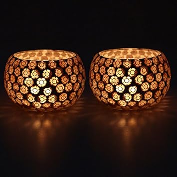 EarthenMetal Handcrafted Golden Beads Decorated Tealight Holder (Candle Light Holder)- Set of 2