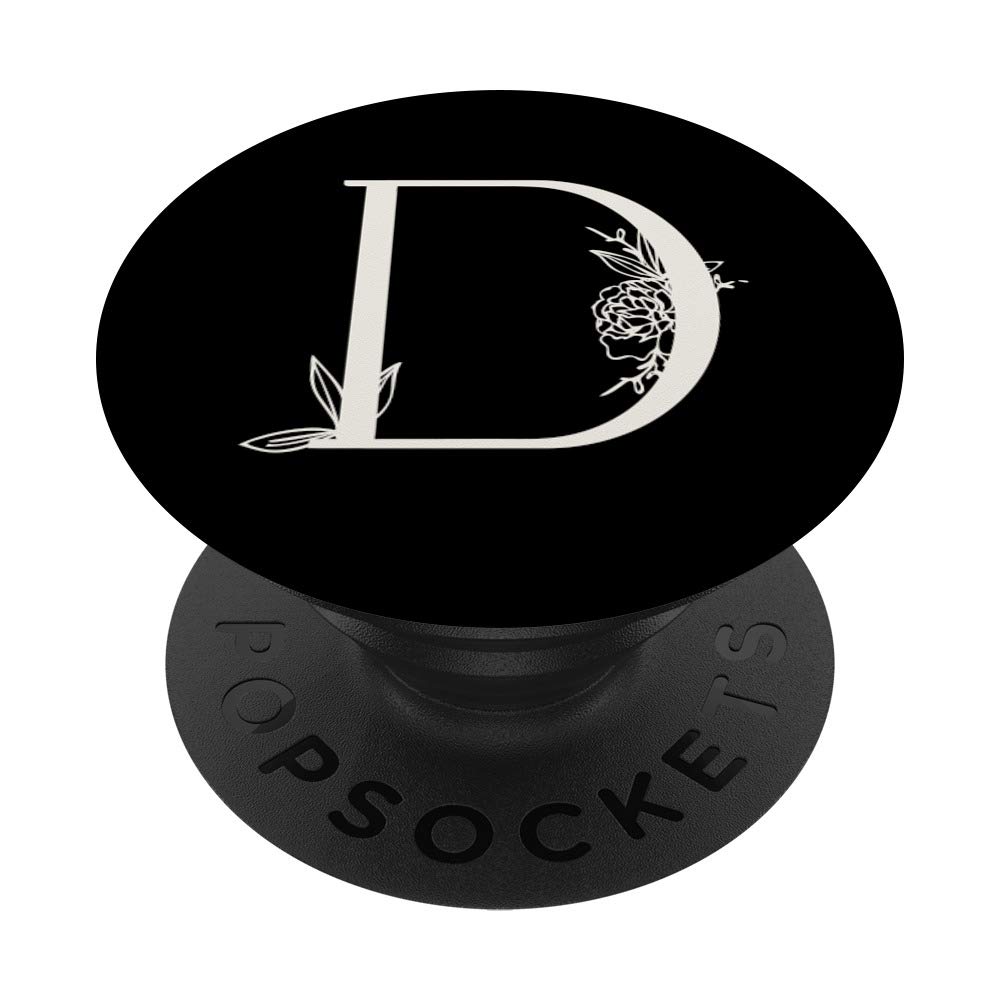 Elegant Black & White Botanical Floral Monogram Initial D PopSockets PopGrip: Swappable Grip for Phones & Tablets