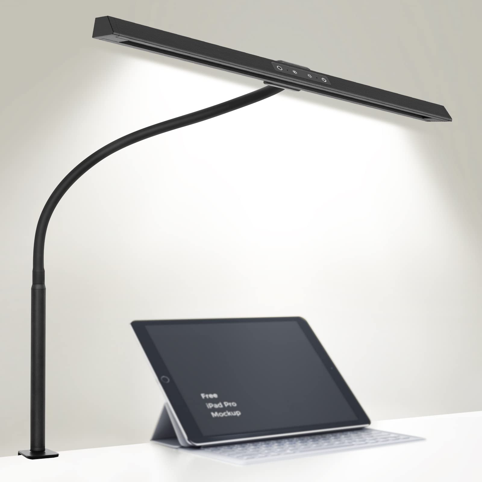 LED Desk Lamp, Computer Monitor Workbench Lights, 12W 600Lumen Long Swing Arm Table Lamp, Flexible Goose-Neck Clamp with 5 Color Modes