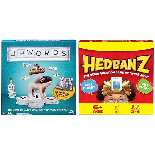 Spin Master Games Bundle: Upwords Classic Word Game (1-4 Players, Ages 8+) & Hedbanz 2023 Edition Picture Guessing Game (2-6 Players, Ages 6+)