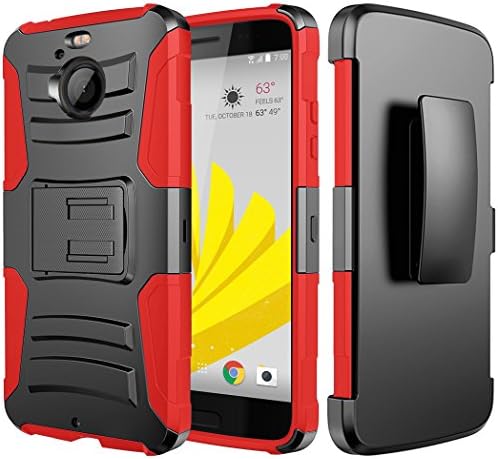 HTC Bolt Case, JATEN [Belt Clip] Rugged Hybrid Dual Layer Kickstand Holster Combo + Tempered Glass Screen Protector (Black/Red)