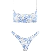 VOLAFA Women's Triangle Bikini Set Smocked Textured Scoop Frilled Print Ruched Elastic Swimsuit Two Piece Bathing Suit