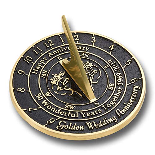 ANTIQUECOLLECTION 50th Golden Wedding Anniversary 2019 Sundial Gift Idea is A Great Present for Him, for Her Or for A Couple to Celebrate 50 Years of Marriage