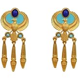 ALIMUDE Vintage Egyptian Style Gold Drop Earrings for Women, Winged Falcon Design with Blue and Turquoise Stones, Dangle Statement Fashion Jewelry