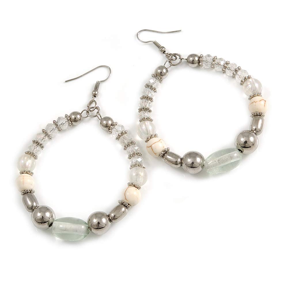 White/Silver/Transparent Ceramic/Glass Bead Hoop Earrings In Silver Tone - 80mm Long