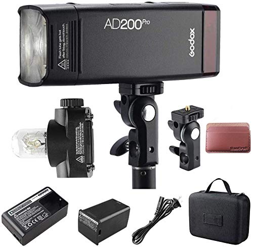 Godox AD200Pro Strobe Flash, (Godox AD200 Pro)200Ws 2.4G Monolight Strobe,500 Full Power Flashes, 1/8000 HSS, 0.01-1.8s Recycling,2900mAh Battery, Bare Bulb(GN60), Speedlite Fresnel Flash Head(GN52)