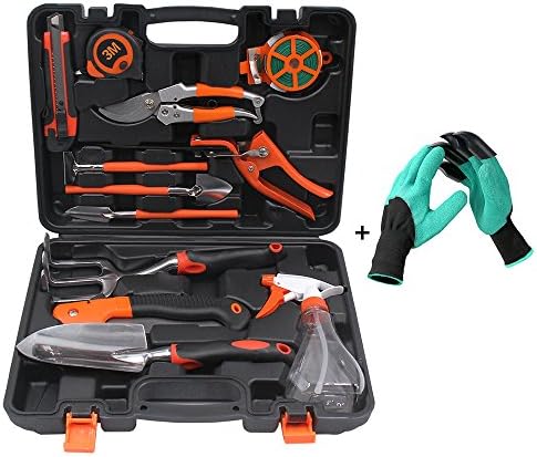 Gardening Tool Set in Carrying Case Heavy Duty Garden Hand Tools Pruning Shear Saw Watering Can Trowel Shovel Rake Grass Shear Knife &amp; Gardening Gloves with Claws Ideal Gardening Gift (13 Pieces)