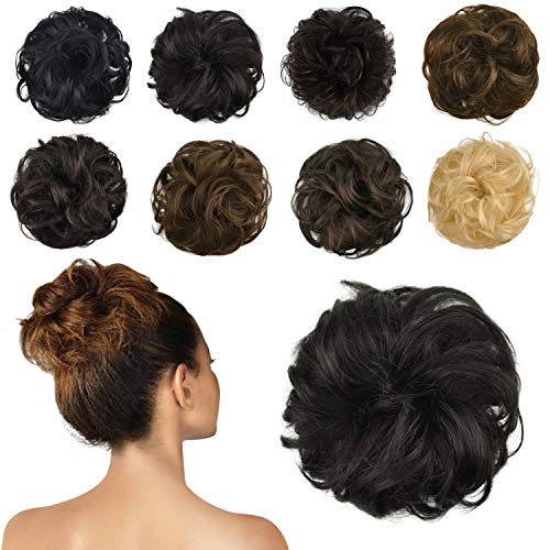 FESHFEN 100% Human Hair Scrunchies (1B Natural Black) Curly Messy Hair Bun Extensions Wedding Hair Pieces for Women Kids Hair Updo Donut Chignons (Best Hair Extensions For Wedding)