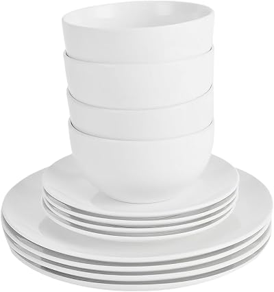 Simpa 12-Piece Dinnerware Set Porcelain White Gloss Microwave Safe Dishwasher
