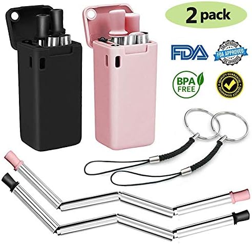 Hphore Collapsible Straws Reusable Stainless Steel Food-Grade Folding Drinking Metal Silicone Portable Straw Set with Case, Cleaning Brush, Key Chain (Pink; Black; White; Blue; Green)