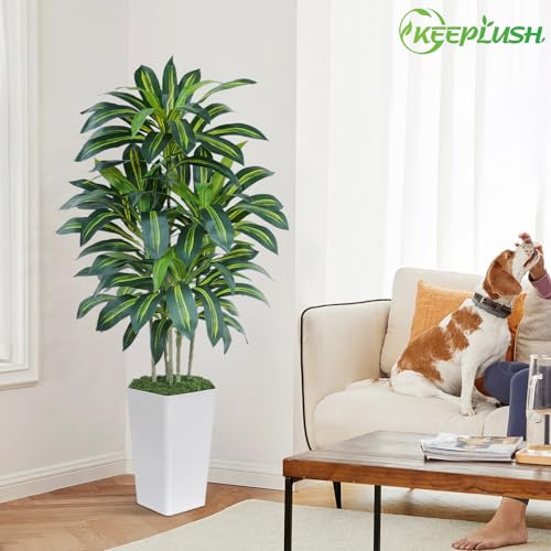 Keeplush Dracaena Artificial Plant 150 cm with White Planter, Artificial Palm Tree Large Like Real with 105 Leaves, Artificial Tree for Indoor Decoration, Living Room, Bedroom, Office, Garden, Home Decor