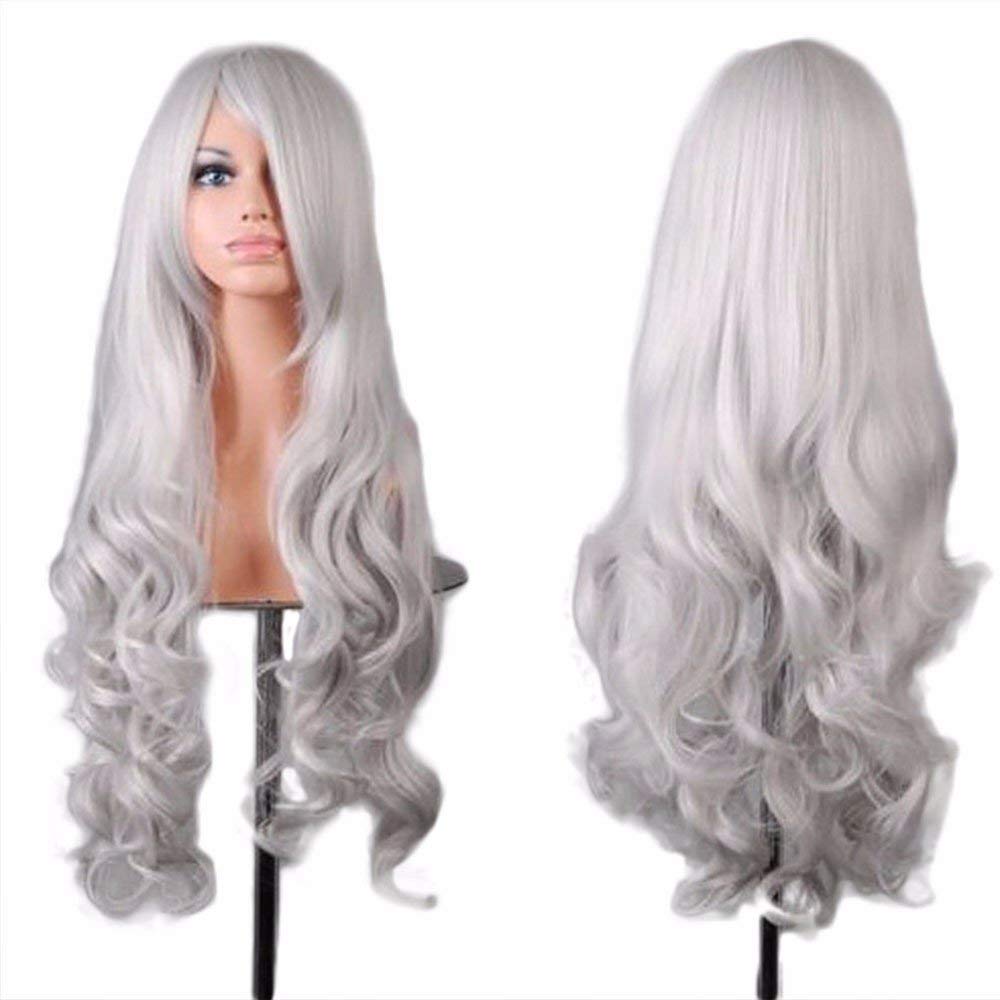 Fouriding 80cm/31" Women's Japanese Lolita/Harajuku Style Full Long Curly Wavy Wig Ladies Synthetic Halloween Cospaly Anime Costume party Fancy Dress Hair Wigs Hairpiece for Women Lady,Silver White