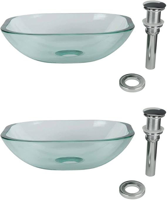 Tempered Glass Vessel Sink With Drain, Clear Square Mini Bowl Sink Set