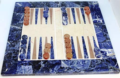 Agata Mineral Import Beautiful Backgammon made in semi precious stones - Blue Sodalite & White and Brown Dolomite - It comes in a very nice case. Board dimensions 30 x 30 cm - Weight with case 3.7 kg