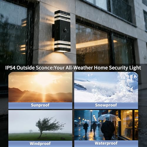 YOVGQOLV PIR Outdoor Wall Lights with Motion Sensor, IP54 Waterproof Up Down Outside Light Mains Powered Square Front Door Porch Light Exterior Sconce Lamp Included 2x5w 3000K GU10 Bulb, Black