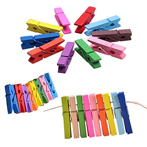 MCIRCO 【150 Pieces】 Wooden Clips, Mini Colored Natural Wooden Clothespins Photo Paper Peg Pin Craft Clips with Jute Twine - Thumbnail 4