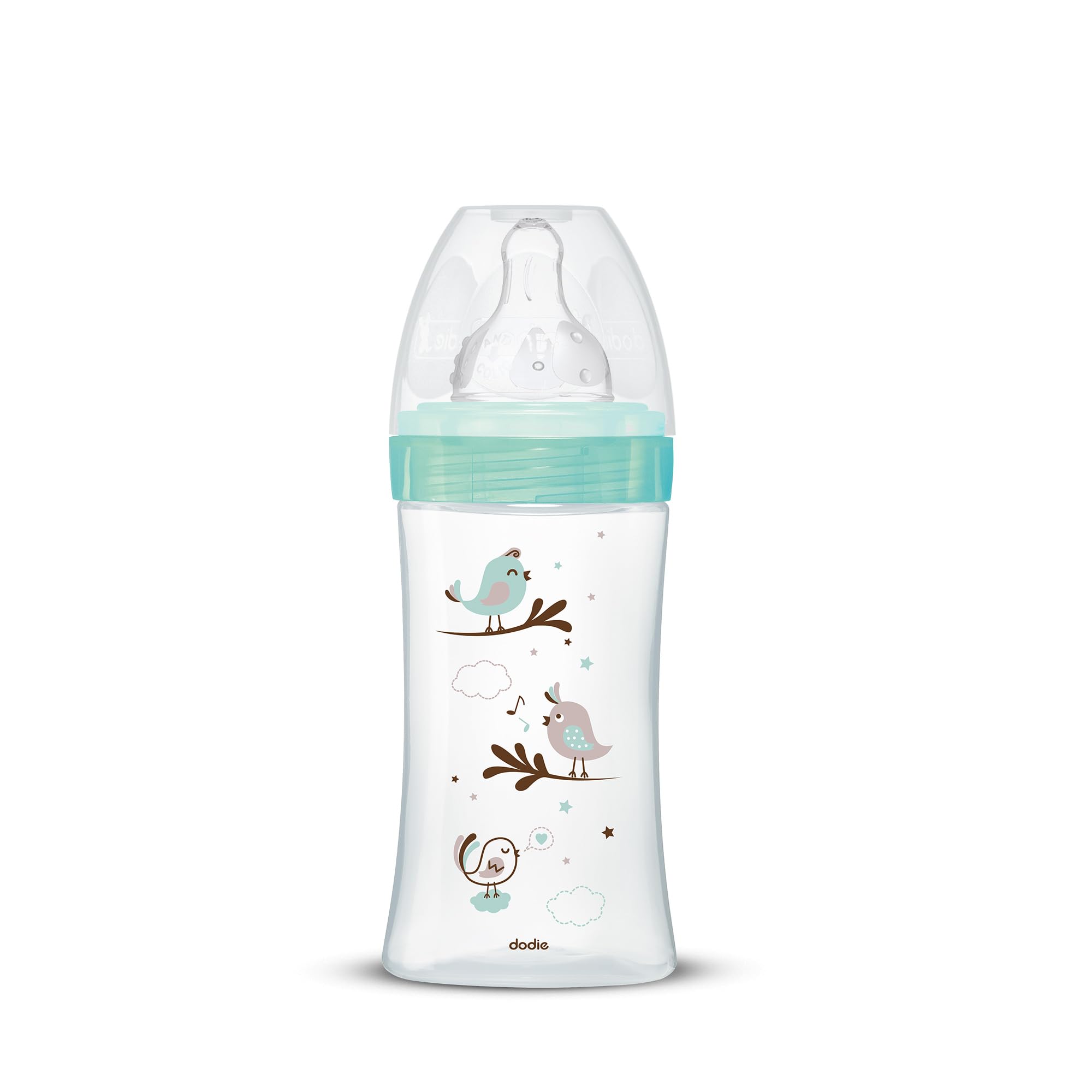 Dodie - Anti-Colic Initiation + Glass, Bird Green, 270 ml, 0-6 Months, Round Teat, Flow 2