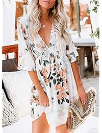 Elapsy - Vestido de vestir para mujer, cuello en V, diseño floral, estilo hawaiano