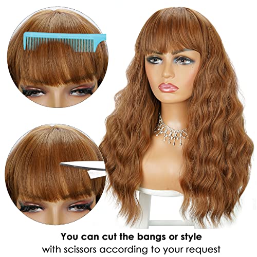 Brown Wigs, Long Brown Wig with Bangs, Long Curly Wavy Hair Wigs for Women, Heat Resistant Fiber Synthetic Daily Party Cosplay Wigs for Girl