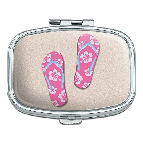 Pink Flip Flops on Sand with Hibiscus Flowers Sandals Beach Rectangle Pill Case Trinket Gift Box